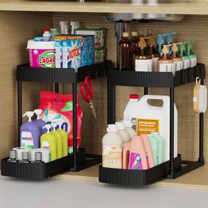 lot 11448 image: Ukeetap Multi-Purpose Pull-Out Storage Organizers, Under SinkCabinet Organizers and Storage for Bathroom & Kitchen, Black, 12.8 Inches, 2 Packs