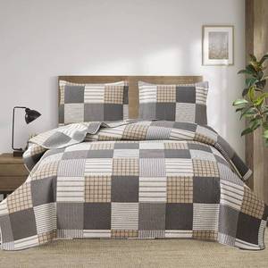 lot 11449 image: Ycosy Plaid Quilt Set Queen Size Lightweight Bedspread Set Grey Brown White Patchwork Quilts Reversible Coverlet with 2 Pillow Shams Soft Microfibers for All Season