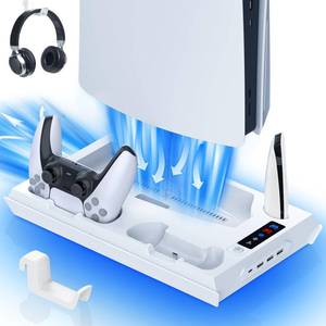 lot 11454 image: Paobas Cooling Station for PS5 with Dual Controller Charging Station, Stand for PS5 Slim Console, Headset Holder, 4 USB Hub & USB-C Port - All-in-One Accessories Organizer, White