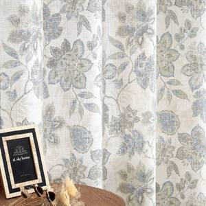 lot 12109 image: Central Park Floral Botanical Light Filtering Curtain Panel with Green and Blue Leaf for Rustic Farmhouse Linen Texture Grommet Top Window Treatment Drapes for Living Room Bedroom 52x84, 2 Panels