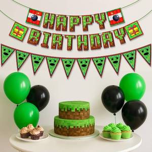 lot 12112 image: IndoTribe Pixel Happy Birthday Banner Pre-strung - 10ft Pennant Banner Flag Video Game Birthday Decorations Miner Backdrop Gaming Birthday Party Decorations Gamer Party Decorations