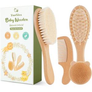lot 12126 image: Yoofoss 4 Piece Baby Brush and Comb Set, Wooden Baby Brush with Natural Ultra Soft Goat Hair, Baby Hair Brush for Newborn, Baby Brush Set for Boy Girl