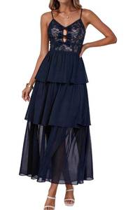 lot 12145 image: Women 2026 Summer Spaghetti Strap Long Dress Sleeveless V Neck Cutout Casual Beach Maxi Sun Dresses (US, Alpha, Medium, Regular, Regular, Navy Blue)