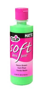 lot 12170 image: Tulip Soft Fabric Paint, Washable, Stays Soft and Flexible, Permanent Paint, for Light and Dark Fabrics, 4 fl oz, Neon Green (Leaking)