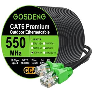 lot 12204 image: GOSDENG RJ45 Cat-6 Ethernet Patch Cable, 10Gpbs Transfer Speed, Gold-Plated Connectors, Copper-clad Aluminum, Outdoor, UV Resistant, Direct Burial, Waterproof, Durable, 250 Foot, Black