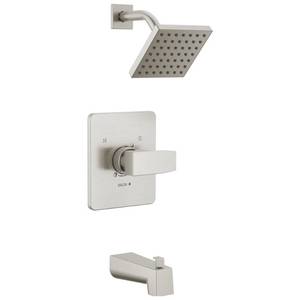 lot 13505 image: Delta Faucet Modern Brushed Nickel Tub and Shower Trim Kit, Shower Faucet with Single-Spray Touch-Clean Shower Head, Stainless T14467-SS-PP (Valve Not Included)
