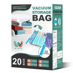 lot 13508 image: WTREE 20 Pack Vacuum Storage Bags, Space Saver Bags, Vacuum Sealed Bags for Comforters, Blankets, Clothes Storage, Hand Pump Included (4 Jumbo4 Large4 Medium8 Small)