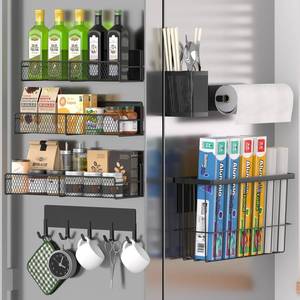 lot 13513 image: Magnetic Spice Rack for Refrigerator, 7 Pack Metal Magnetic Shelf, Moveable Magnetic Storage Fridge Organizer, Spice Organizer, Hook Rack, Paper Towel Holder, Utensils Holder, Cutting Board Holder