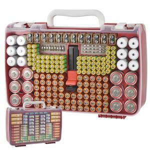lot 13514 image: Battery Organizer Storage Holder Case with Double-Sided, Garage Box with Tester Checker. Batteries Container for 269pcs AA AAA AAAA 3A 4A 9V C D Lithium 4LR44 CR2 CR123A CR1632 CR2032 18650 -Red