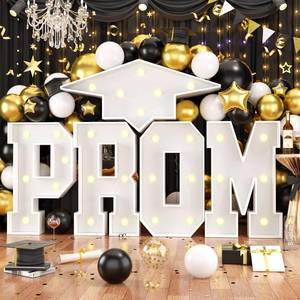 lot 13531 image: Biapian PROM Marquee Light Up Letters, Large Marquee Letters 3.4 FT, White PROM Led Sign with Lights Paperboard Grad Cap for High School College Photo Booth Backdrop 2026 Graduation Decorations