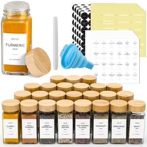 lot 13542 image: NETANY 24 Pcs Glass Spice Jars with Bamboo Lids, 4 oz Glass Jars with Minimalist Farmhouse Spice Labels Stickers, Collapsible Funnel, Seasoning Storage Bottles for Spice Rack, Cabinet, Drawer