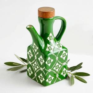 lot 14173 image: Ceramic Olive Oil Dispenser Bottle, 8.5 oz Decanter for Kitchen with Handle & Wooden Stopper, Green Decorative Oil and Vinegar Dispenser Set, Cooking Oil Container Cruet for Olive, Avocado, Vinegar