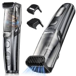 lot 14187 image: VivaEase Advanced Vacuum Beard Trimmer for Men Vacuum Mustache Trimmer with Precision Knob, Adjustable 20mm Length Settings, 2 Combs, IPX6 Waterproof-Rechargeable Vacuum Trimmer for Beard, Black