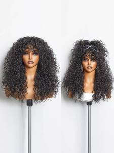 lot 14190 image: GORGIUS Veralux Blend Human Hair Glueless Curly Wig with Bangs Natural Black Synthetic Curtain Bang with Realistic Scalp Put On and Go 20 Inch