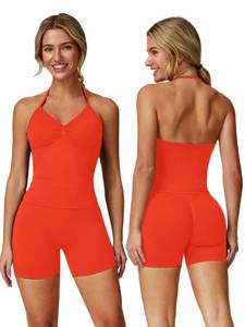 lot 14191 image: ABOCIW Workout Sets for Women 2 Piece Seamless Impact Longline Strappy Top Halter Sports Bra Scrunch Butt Lifting High Waist Biker Shorts Gym Set Work Out Clothes Chili Small