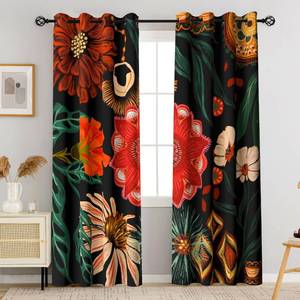 lot 14195 image: Tyrot Black Boho Floral 100% Blackout Curtains for Living Room 72 inch Long 2 Panels Mid Century Botanical Black Out Curtains for Bedroom Grommet Thermal Insulated Room Darkening Window Drapes,52Wx72L