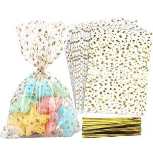 lot 14202 image: COQOFA 100 Pcs Star Printed 5X 7 Gift Wrap Cello Cellophane Treat Bags Party Favor bags Clear Candy Cookie Bag Plastic Poly Goodie Storage Bag with Twist Ties for Bakery,Birthday, Wedding ,Party Decorations (Gold)