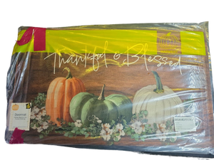 lot 15623 image: Thankful & Blessed Harvest Pumpkin Fall Doormat with Rubber Backing 4pk