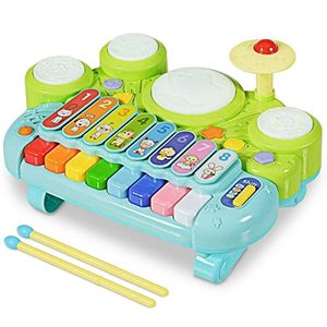lot 16185 image: Baby Piano Drum Set for Toddlers 1-3, Musical Toys 3 in 1 Baby DJ Table Piano Keyboard Xylophone Instruments for 1 2 Year Old Boys Girls Music & Light Activity Table 6-12-18 Months Old Birthday Gifts