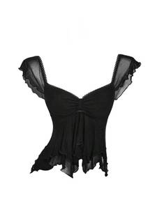 lot 16187 image: BEAUDRM Womens Y2k Ruffle Tank Tops Ruched Sheer Mesh Sweetheart Neck Sleeveless Crop Tops Night Out Outfit Black Large