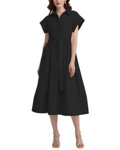lot 16192 image: YEXPINE Womens Belted Shirt Midi Dress Casual Short Wing Sleeve Button Down Lapel V Neck Dress Black S