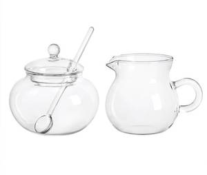 lot 16194 image: Mozacona Glass Sugar and Creamer Set, Tea or Coffee Serving Set, Cream Pitcher with Sugar Bowl