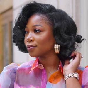 lot 16207 image: Lady Miranda Short Curly Wig Short Bob Loose Wave Wigs for Black Women Lace Part Wig Side Part Wigs Nature Curly Synthetic Heat Resistant Weave Full Wigs for Women(Black)