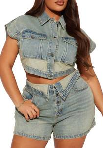 lot 16212 image: Quzzion Two Piece Short Denim Sets for Women Summer Button Down Asymmetrical Waisted Sexy Cowgirl Jean Outfits M