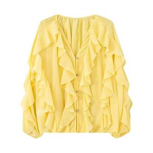 lot 16244 image: AKODOZO Womens Ruffle Chiffon Blouse Trendy Semi Sheer V Neck Top Long Sleeve Button Down Oversized Shirts Yellow XS