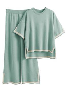 lot 16250 image: Tanming Sweater Sets Women 2 Piece Lounge Sets Short Sleeve Knit Pullover Tops Wide Leg Pants (GreyGreen-XL)