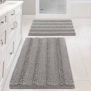 lot 17612 image: Non Slip Thick Shaggy Chenille Bathroom Rug Mat Set Extra Soft and Absorbent Striped Floor Rugs, 2 Piece, Machine-Washable