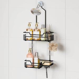 lot 17626 image: SWTYMIKI Bathroom Shower Caddy Hanging - Extended Length 2 Tier Rustproof Over Shower Head Organizer, No Drilling Bathroom Shelf with 14 Hooks & Soap Holder, Anti-Swing Rack, Black, Medium