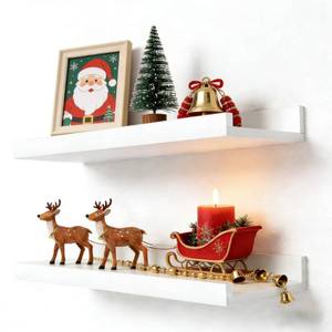 lot 17627 image: Solrot White Floating Shelves for Wall Decor, Wall Mounted Wood Storage Shelf for Bedroom, Living Room, Bathroom, Kitchen, Nursery, Display Picture Ledge Shelf with Lip Set of 2-14 Inches, White