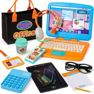 lot 17630 image: Cleboen Pretend Play Home Office Set for Kids �� Toy Laptop Computer, LCD Writing Tablet, Pop Fidget Calculator, Phone, Headset, Glasses, Coffee Cup & Handbag, Birthday Gifts for Boys Girls Age 3-5-7