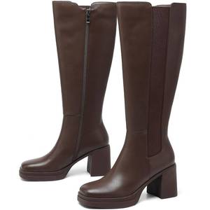 lot 17631 image: SLXCHBSL Comfortable Daily Wear Boots for Women Square Toe Knee High Side Zipper 3 Inch Chunky Heel Platform Boots with Elastic Stretch Tall Fall Boots