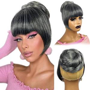 lot 18055 image: VAVANGA Gray Bun & Bangs Set 2PCS - Salt and Pepper Grey Clip in French Bangs with Twist Braided Bun Hairpiece Extension Bun and Bangs for Black Women