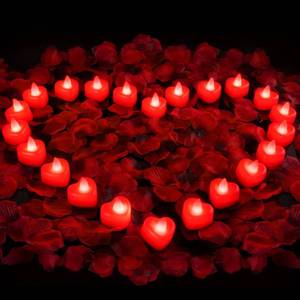 lot 18059 image: Amagic 2000 Pieces Red Artificial Rose Petals with 24 Red Heart LED Tea Lights, Rose Petals and Candles Set for Proposal, Anniversary, Romantic Night, Wedding Decor