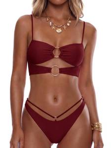 lot 18065 image: ANRABESS Bikini Sets for Women Summer Sexy Double Loop Cheeky Thong Bathing Suits Beach Vacation Swimwear Deep Red Small