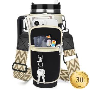 lot 18475 image: Water Bottle Holder Bag with Canvas Shoulder Strap for Stanley 30 oz Tumbler with Handle, Water Bottle Carrier Pouch with 6.7 Phone Pocket for Stanley Cup Accessories, Birthday Gifts for Men Women