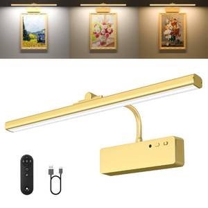 lot 18479 image: Picture Light, 15.35inch Wireless Picture Lights for Wall Rechargeable, 5400mAh Battery Wall Light with Remote, 3 Color Art Lighting for Paintings with Timer and Dimmable for Display, Gallery (Gold)