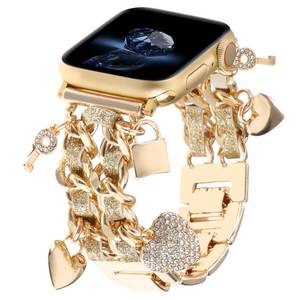 lot 18498 image: Cuban Chain Metal Band Compatible with Apple Watch Bands 4946454442mm Women,Stylish Cowboy Link with Cute Charms Pendants Dressy Wristband for iWatch Series 10 Ultra 2 9 8 7 6 5 4 3 SE (B6-Shiny Gold,42mm)