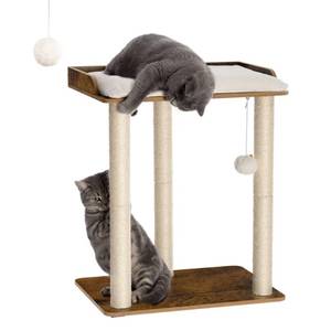 lot 19031 image: FourFurPets 26.7in Large Cat Tree Tower Condo, Cat Scratch Posts for Indoor Cats, Big Plate, Three 23.6in Full Sisal Scratching Posts, Rustic Brown