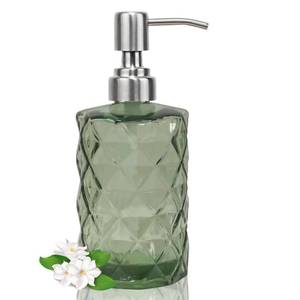 lot 19042 image: 12Oz Green Glass Soap Dispenser with Stainless Steel Pump, Refillable Kitchen Liquid Hand Soap Dispenser with Diamond Design, for Dispense Hand soap, Dish Soap, Lotion, Bathroom, Countertop, Hotel (NOT GLASS, BAMBOO)