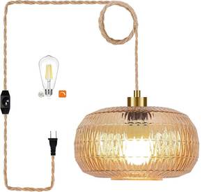 lot 19049 image: QIYIZM Plug in Pendant Light Hanging Lights with in Cord Mid Century Modern Gold Hanging Lamp Flower Glass Amber Vintage Dimmable Chandelier Ceiling Fixture for Living Room,Kitchen,Boho