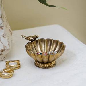 lot 19060 image: NIKKY HOME Antique Trinket Bowl Dish, Vintage Golden Metal Jewelry Tray with Bird, Ring Holder Classy Birthday Gifts