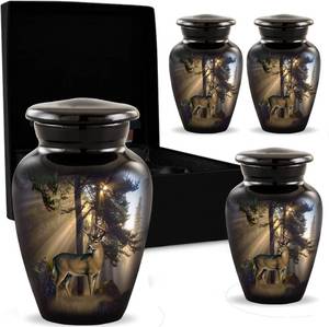lot 19069 image: Gone Hunting Deer Keepsake Urns with Sunrays �� Set of 4 Majestic Buck Mini Cremation Urns for Human Ashes �� Handcrafted Sharing Token Funeral & Memorial Urns with Velvet Bags & Funnel (S4 Keepsakes)