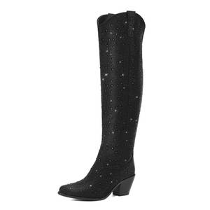 lot 19081 image: Rollda Rhinestone Cowboy Boots, Sparkly Over the Knee Cowgirl Boots, Pointed Toe Knee High Boots with Chunky Heel Thigh High Boots Size 9