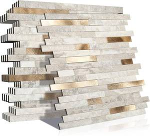 lot 19100 image: KASARO Peel and Stick Marble Tiles, Self-Adhesive Aluminum Wall Tile Stick on Bathroom, Fireplace, RV, Marble Beige with Vintage Golden Embellished Stripes, 10-Sheet