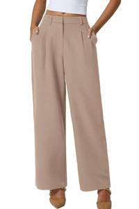 lot 20015 image: QINSEN Wide Leg Dress Pants for Women High Waisted Wrinkle Free Work Pants with Pockets Casual Slack Taupe S (28.5 Inseam)