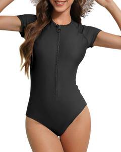 lot 20027 image: Century Star Modest High Neck Swimsuits for Women - Rash Guard Surf One Piece Teen Girls Short Sleeve Bathing Suit Swimwear Black M